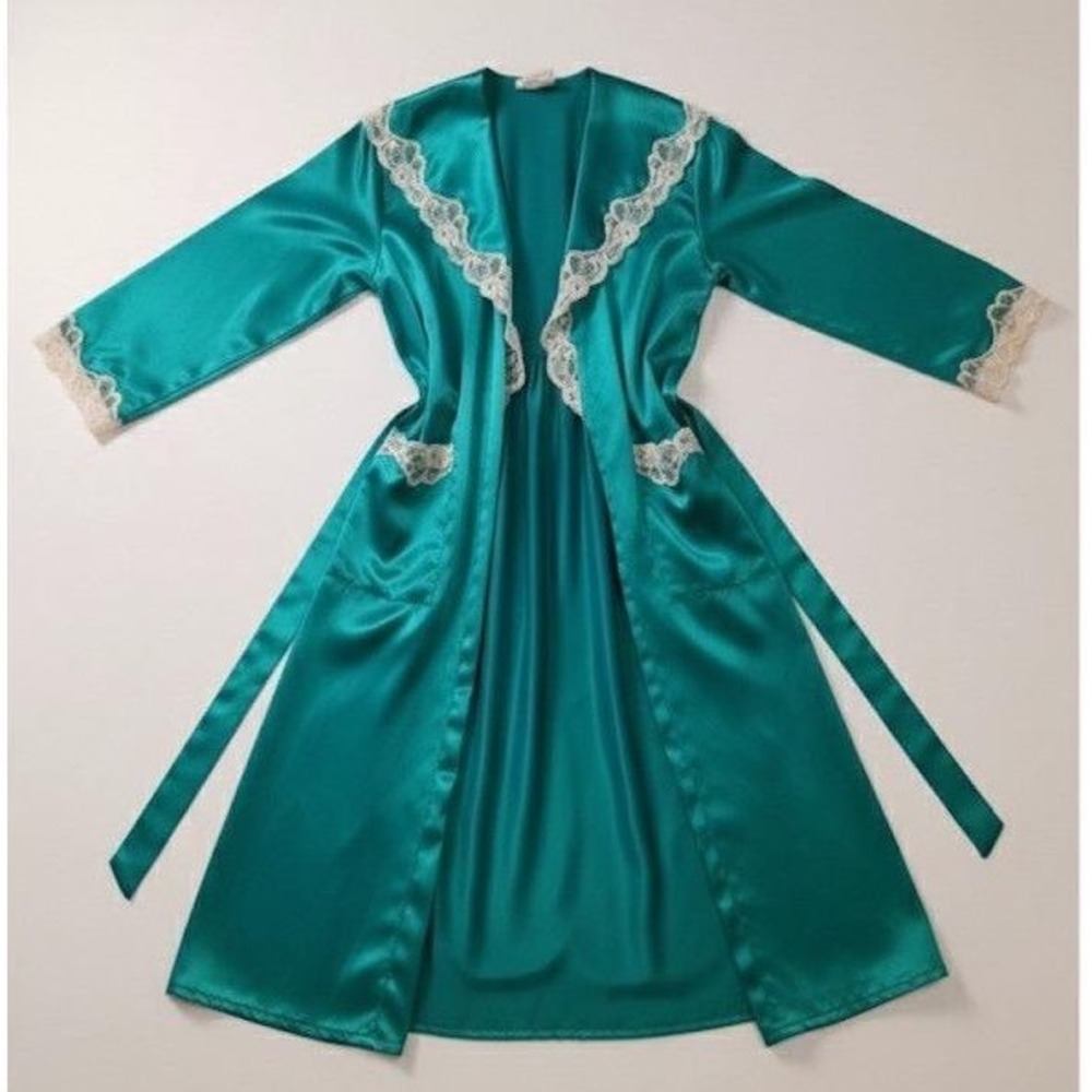 Victoria's Secret Gold Label Emerald Green Satin Lace Trim Long Robe Vintage